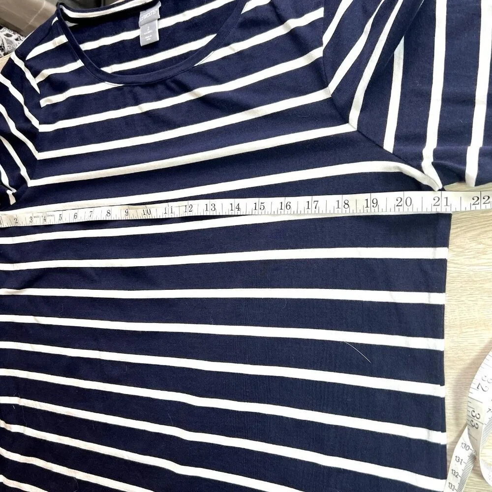 Chico's - Women's L Blouse Navy Blue White Striped Bell Cuffed Boat Neck